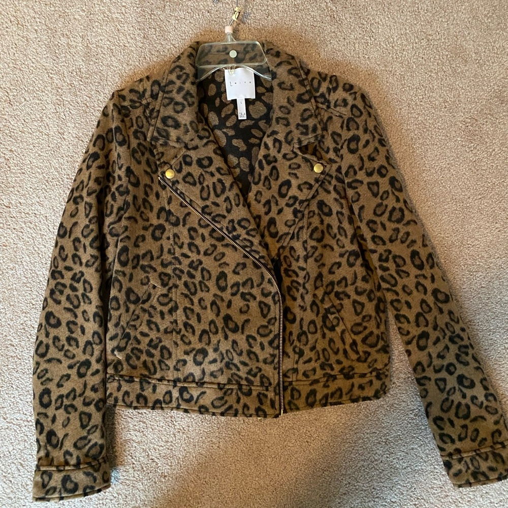 New! Never Worn - Leith knit leopard print moto jacket, L